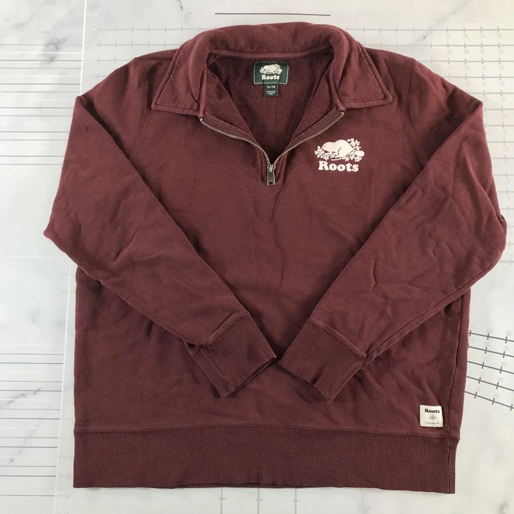 Roots Sweatshirt Mens XL Red Burgundy 1/4 Zip Fleece Beaver Logo Collared